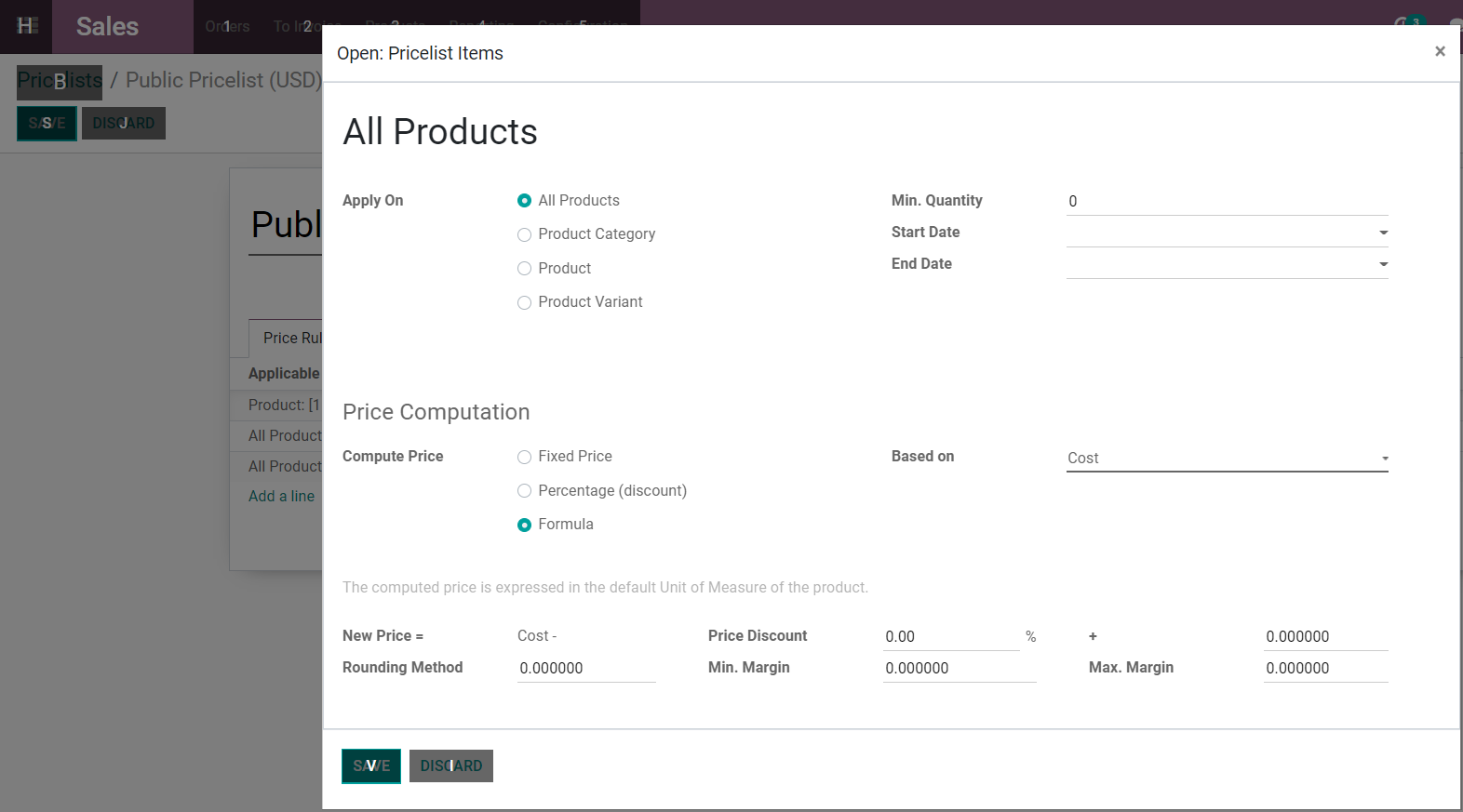 change Cost as the Sales Price