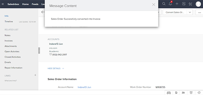 Once data successfully converted into Invoice, it will 
					provide the alert message